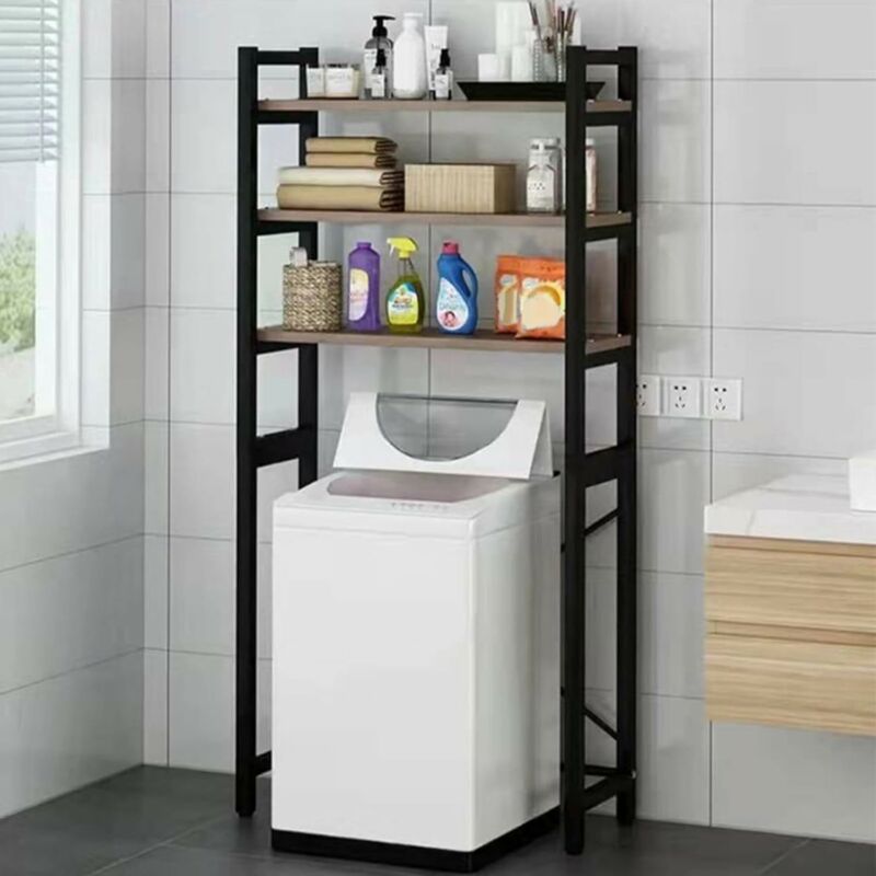 Elite Home® 3 szintes, fém fürdőszobai polc felültöltős mosógép fölé fa polcokkal, fekete - 182 cm