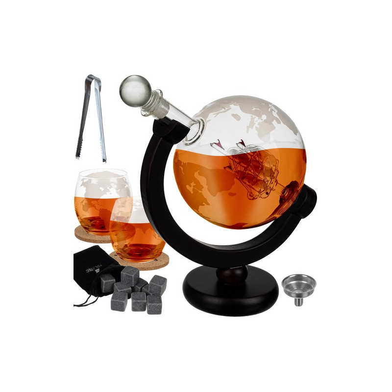 Földgömb alakú, világtérképes italdekantáló üveg, üvegkaraff, italkiöntő készlet, csiszolt mintával, 2 db pohárral, kiegészítőkkel