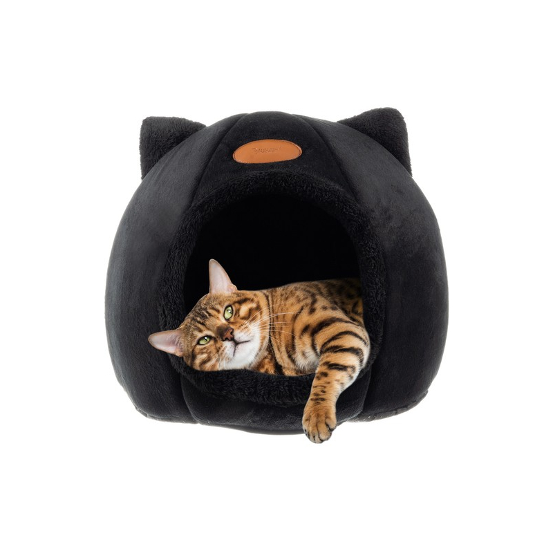 Plüss cicaágy, cicafekhely, macskaodu, 40×40×37 cm méretben, fekete
