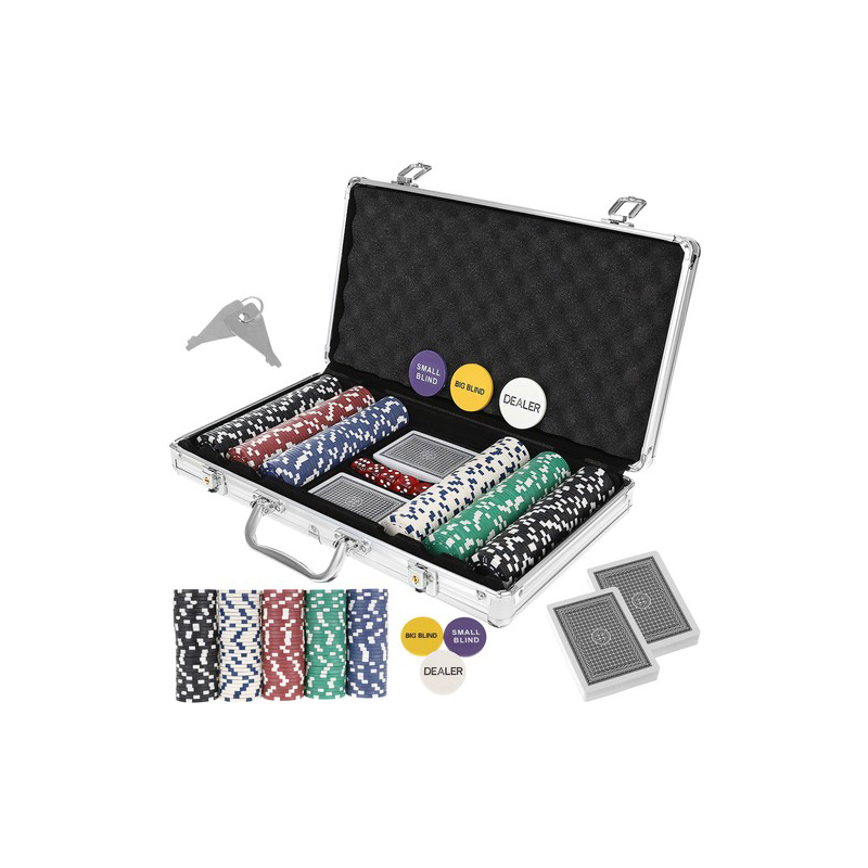Póker készlet alumínium kofferben, 300 zsetonnal, 2 pakli kártyával, további kiegészítőkkel