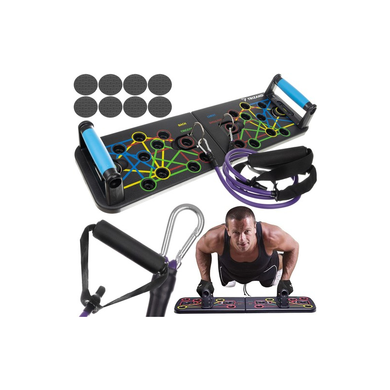 Multifunkciós fitness tábla, push-up fekvőtámasz keret, 25 különböző beállítással, gumikötelekkel, összecsukható